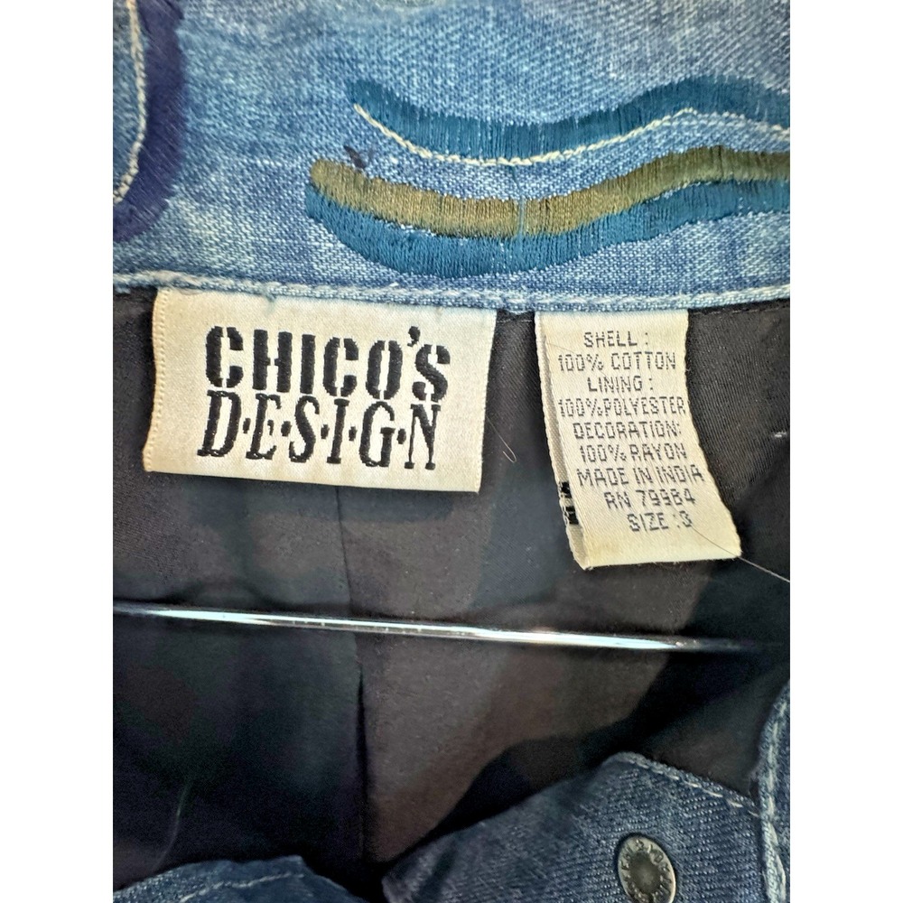 Chico's 3 Denim Jacket Cotton Blue Patchwork Embroidery Sequin Work Stunning - Picture 4 of 8